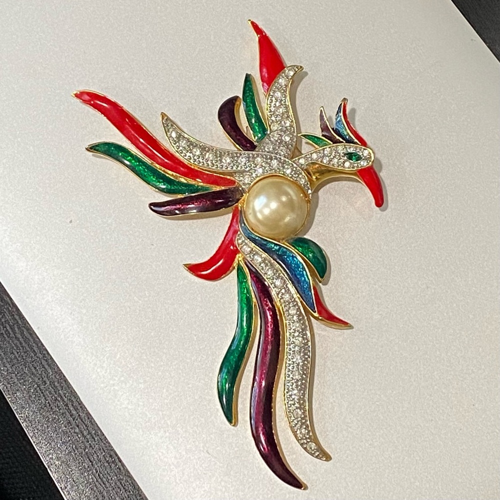 Rare Stunning Colorful Enamel Crystal Phoenix Bird of Paradise Large 6.5” Brooch